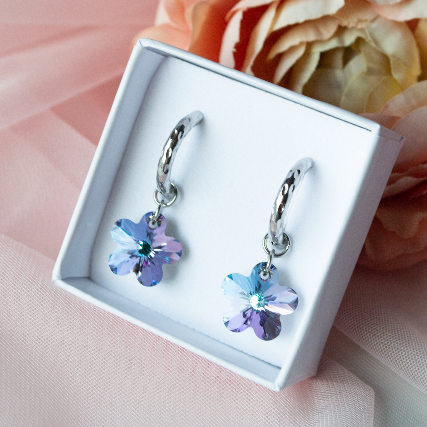 Crystal Flower Hoops- steel