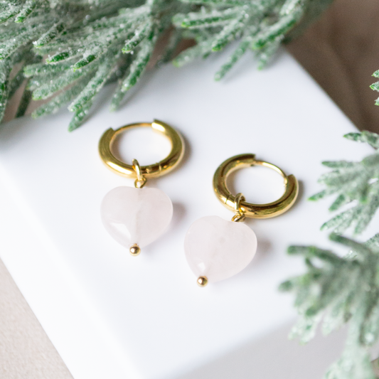 Rose Quartz Heart Hoops